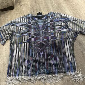 French Blue Watercolor, Print Mesh With Fringe Detail Women’s Size Large